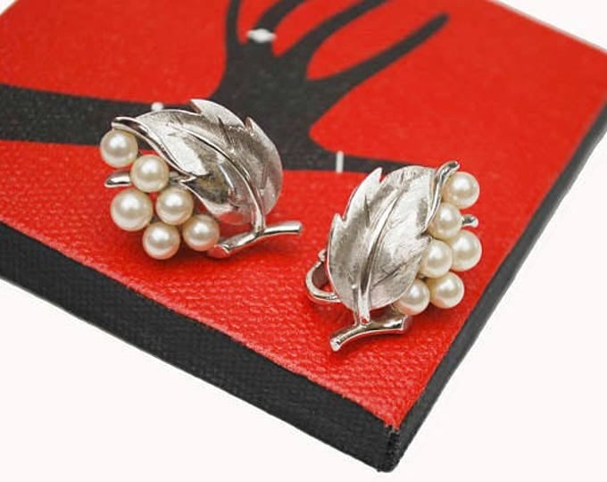 Trifari Rhinestone Clip on Earrings - White pearl - Silver leaf - Mid Century Crown Trifari Jewelry