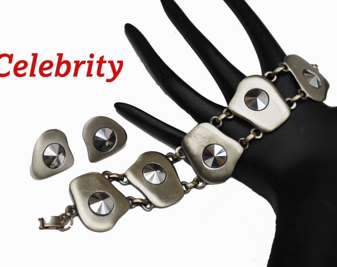 Celebrity Link Bracelet Earring Set - Grey Gun Metal silver tone modern design -Marcasite - clip on earrings