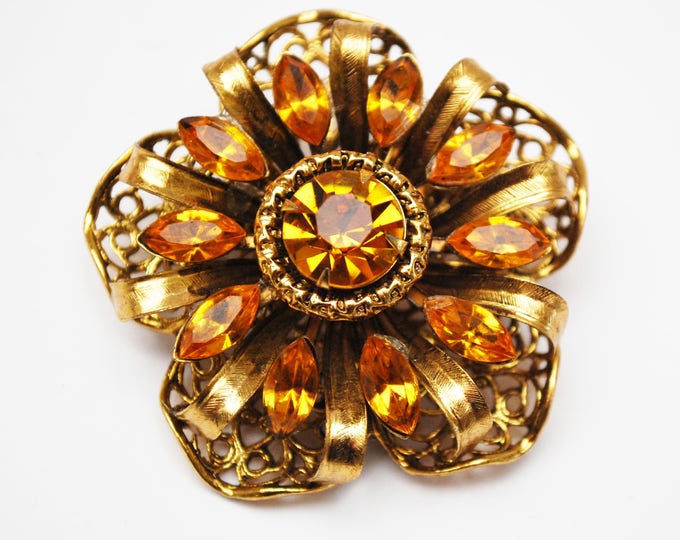 Rhinestone Flower Brooch - Amber Orange Crystal - Gold Filigree - Floral pin