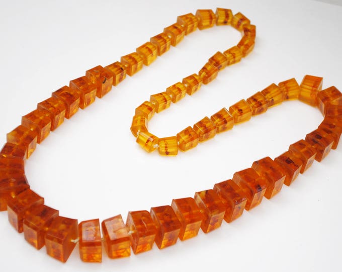 Amber Bead Statement Necklace - Graduated Chunky Cube Orange Resin Beads - hand knotted - Vintage Modernist design