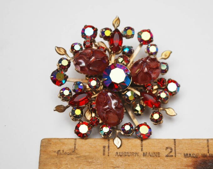 Red Rhinestone Flower Brooch - Lava molded lucite - red Glass Auroral borealis - Floral Mid century Pin