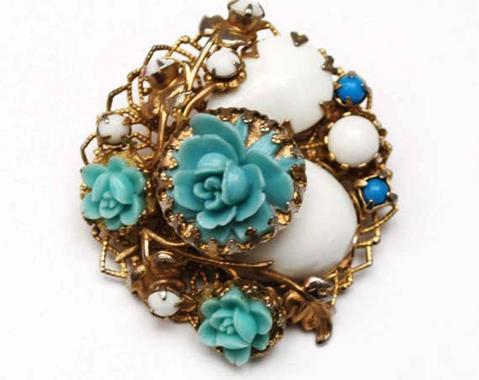 Blue Celluloid Flower brooch - White milk glass - Cluster cabochon pin - gold filigree floral pin