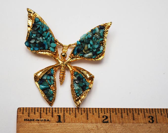 Turquoise Chip Butterfly Brooch - Agua Blue Gemstone - Gold metal - Insect Pin