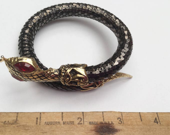 Snake Bracelet - Black mesh - Gold serpent head- Red rhinestone eyes - wrap bangle