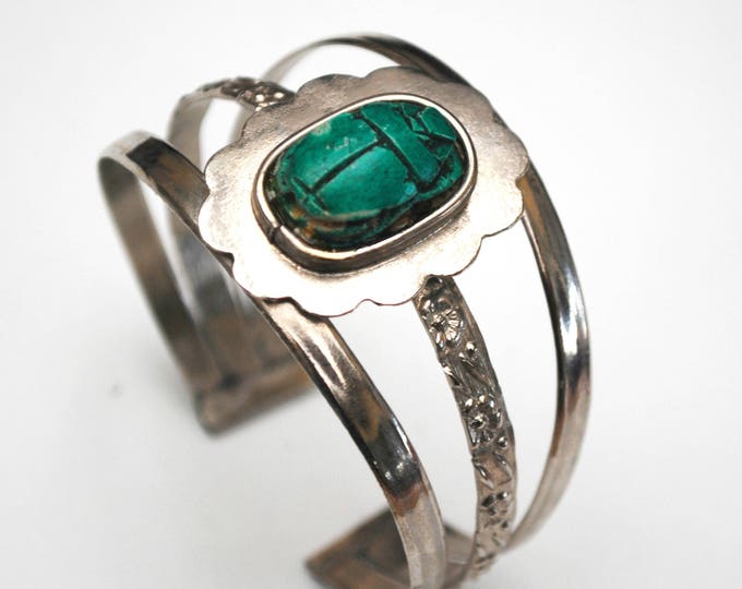 scarab beetle cuff bracelet - carved Clay ceramic - turquoise blue - Egyptian Revival - Silvertone bangle