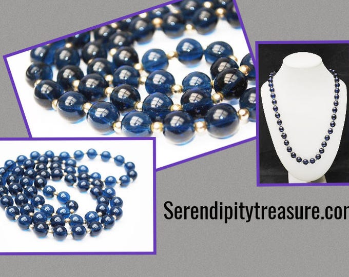 Blue Glass Bead necklace - round dark blue beads - silver beads - long 34 inch necklace