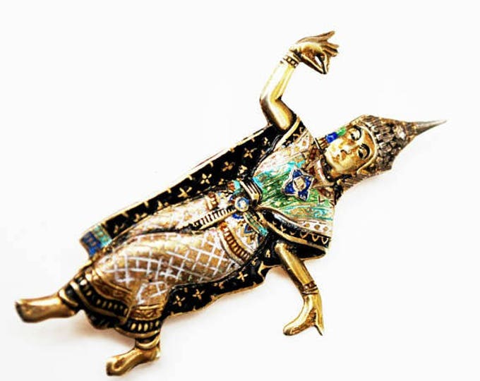 Sterling Thailand Dancer Brooch- Gold Wash- black blue green Enameling - gold plated - Siam figurine dancing pin