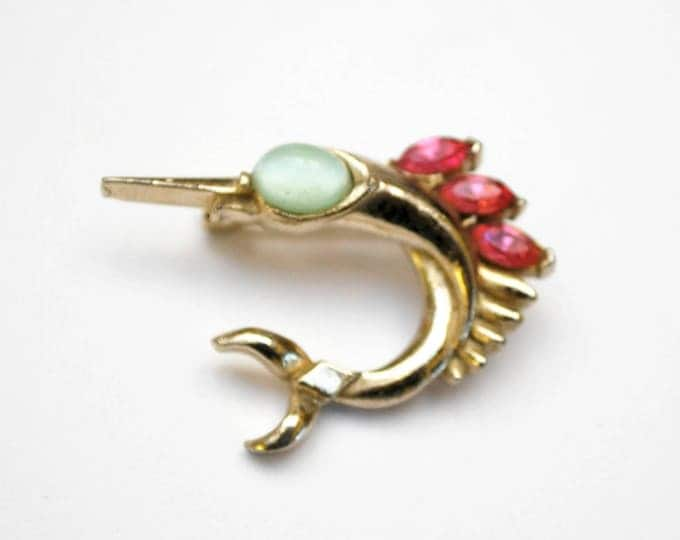 Coro Sword Fish Brooch - Gold - Pink light Blue Rhinestone - Signed figurine fish pin