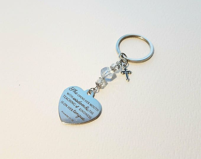 Proverbs 31 26 zipper charm keychain Christian Purse charm Christian Gift for Mother Christian Teacher Gift Religious Bible Gover Charm