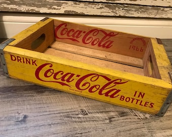 Vintage 1966 Yellow Drink Coca Cola in Bottles Enjoy Coke Wood Soda Crate