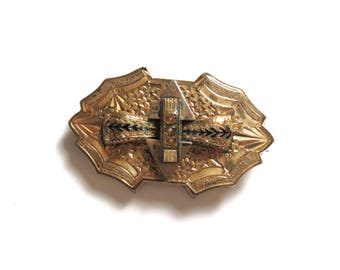 Victorian Gold Filled Black Enamel and Seed Pearls Brooch with Pocket Watch Pin - Taille D’Epergne Enameled # 2171