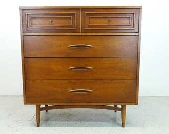 pair mid century modern Broyhill Sculptura walnut 4 drawer tallboy chest of drawers dresser