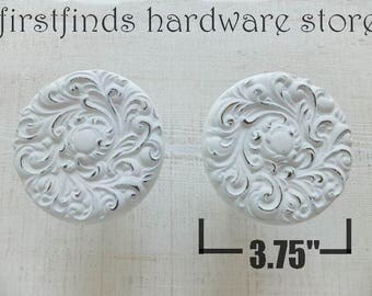 2 Curtain Tie Backs White Gold Ornate Medallions Shabby Chic Decor Cottage Painted Window Sheers Distressed Metal Fancy READ DETAILS BELOW