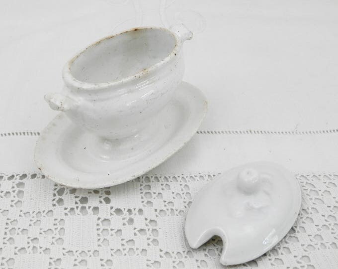 Antique French White Bone China Mustard Dish with Lid, Small Sized Sauce Boat, Chateau Chic Tableware Ceramic Serving Dish with Ears