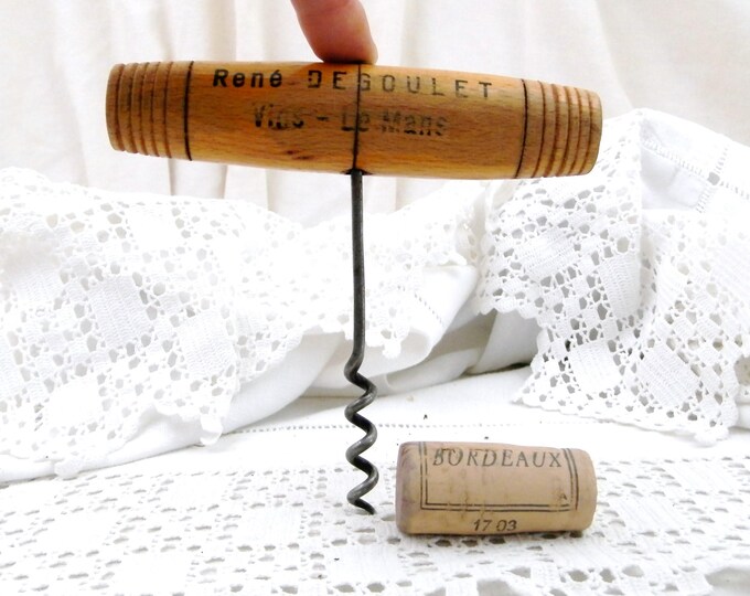 Large Vintage French Restaurant Wooden and Metal Cork Screw Publicity Gift From Vin Merchant in Le Mans France 1960s, Big Corkscrew