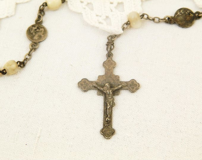 Antique French Mother of Pearl / Nacre Rosary Beads with Silver Plated Crucifix and Leather Pouch, Catholic Payer Beads, St Christopher
