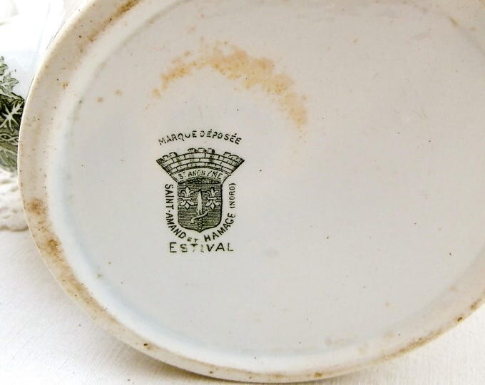 Antique French Victorian Ceramic Coffee Pot with Ivy and Wild Rose Pattern in Dark Green by Saint Amand et Hamage Estival, Pottery China Pot