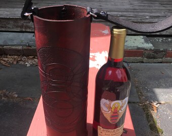Wine Quiver / WIne Tote Tooled Leather in Mahogany - PLUIE