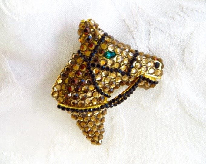 Rhinestone Horse Brooch, Amber Rhinestones, Vintage Equestrian Pin, Equestrian Jewelry