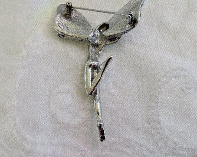 Art Nouveau Fairy Brooch, Silver Nude Fairy Pin, Garden Nymph, Vintage Fairy Jewelry, Fairy Garden