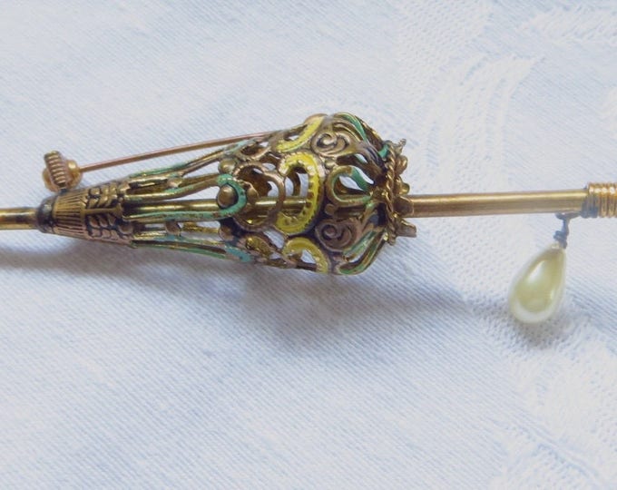 Vintage Umbrella Brooch, Enamel Pearl, Openwork Figural Umbrella Pin, Vintage Czech Jewelry