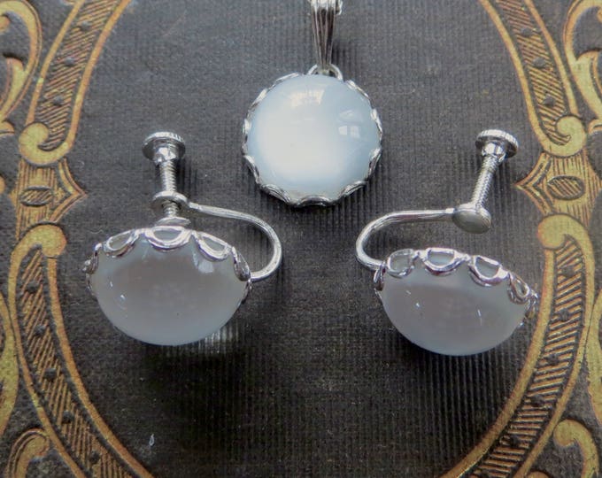 Vintage Moonstone Necklace Set, Sterling Silver Screw Back Earrings, Original Box, Moonstone Jewelry