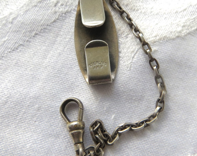 Vintage Sterling Watch Fob, Art Deco Silver Fob, Belt Clip with Chain, Antique Pocket Watch Fob, Signed JHP