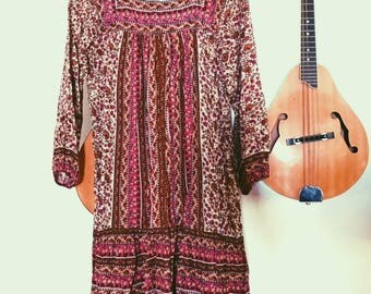 Vintage 1960s 1970s Indian Cotton Floral Gauze Hippie Boho Dress