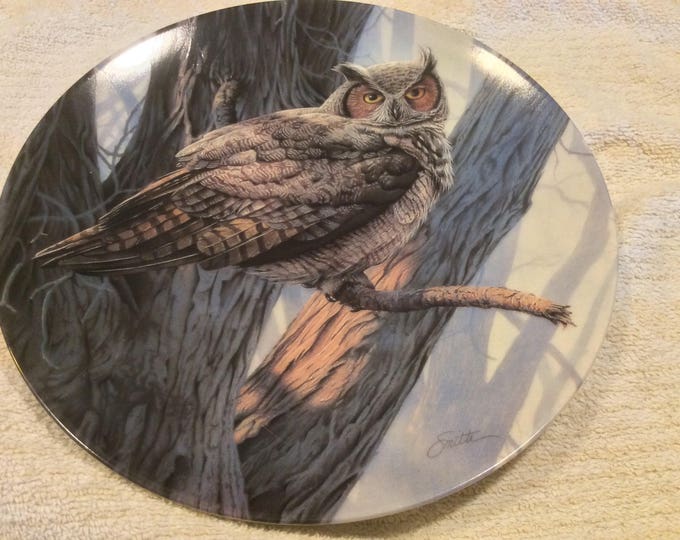 Plate With Owls, Rustic Wall Art, Great Horned Owl, Bird of Prey, Decorative Wall Hanging Plate, Bird Plate, Bird Lover Gift, Christmas Gift