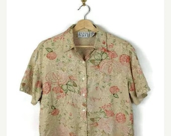 ON SALE Vintage Light Beige x Pink Floral Short sleeve slouchy Blouse from 90's*
