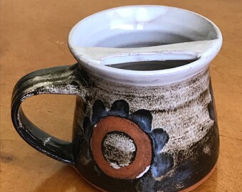 Vintage Collectible Handcrafted Glazed Pottery Mustache Mug, Circles Flowers, Red Clay