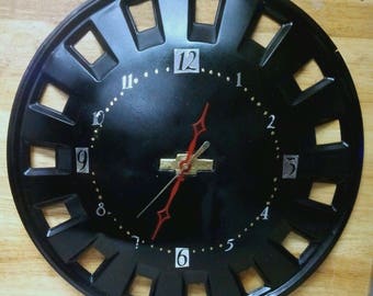 Chevy Hubcap Wall Clock - Garage -Man Cave - Re-purposed