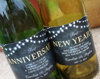 Wedding Milestones Wine Labels, Year of Firsts, Newlywed Gift, Wedding Gift, Wedding Shower, Rustic, Gold, Chalkboard