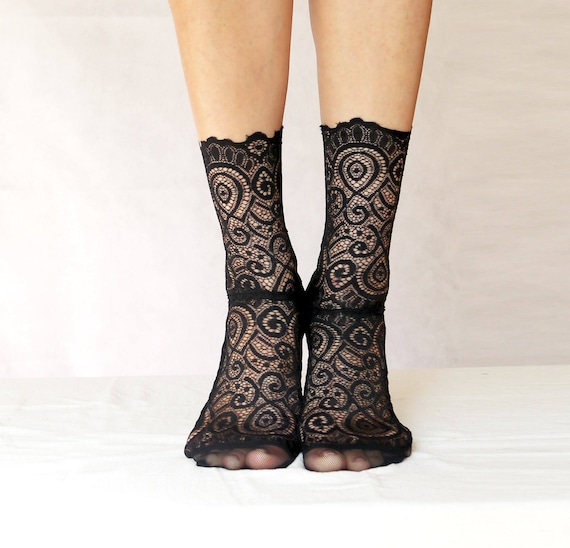 Black Lace Socks. Scalloped Edge Lace and Mesh socks. Handmade