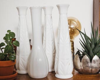 Set of 4 Vintage Milk Glass Vases // Wedding