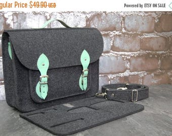 Christmasinjuly Felt Laptop bag 15 inch with pocket, satchel, Macbook Pro 15 in,Custom size Laptop bag, case, mint leather straps