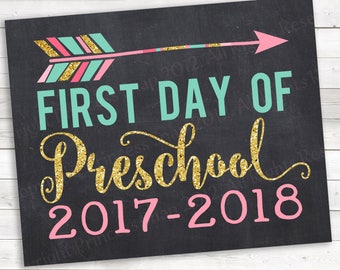 First Day of Preschool 2017-2018 Photo Prop Pink and Gold, First Day Preschool , 1st Day School, First Day Preschool, Preschool Sign, 8"x10"