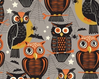 Halloween Fabric - Owls on Gray - "Spooktacular" by Maude Ashbury for Blend Fabrics. Halloween Owls Bats and Spiders. 100% cotton.