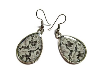 TEARDROP EARRINGS - drop earrings LACE Pattern - white boho Earrings - Hippie Earrings - white lace Pattern - retro Earrings - vintage