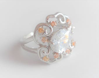 White Topaz Morganite Ring, Morganite Orange Sterling Silver Statement Ring, Tear Drop White Topaz Ring, Morganite Topaz Jewelry Flower Ring