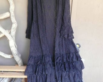 Vintage Sexy Black Lace Beaded Negligee Robe with Rabbit Collar