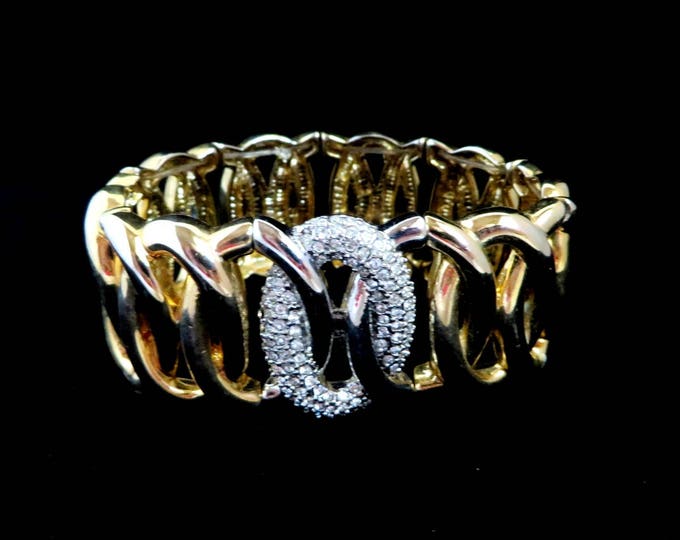 Goldtone Stretch Bracelet, Wide Expansion Bracelet, Rhinestone Studded Bracelet, Link Bracelet, FREE SHIPPING