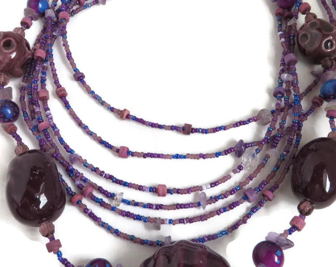 Vintage Purple Multi-strand Necklace | Barrel, Seed Bead Necklace | Boho Jewelry