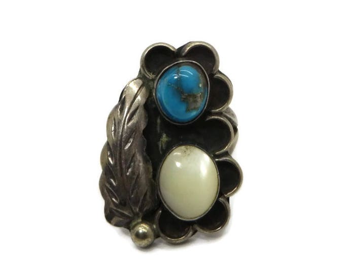 Navajo Silver Ring - Vintage Sterling Silver Feather Ring, Turquoise and MOP Native American Ring, Size 6, Gift Box, Perfect Gift