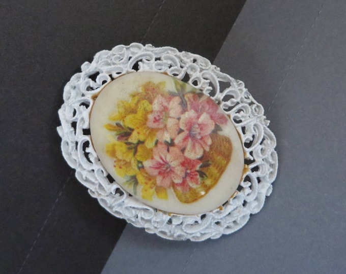 White Flowered Pendant Brooch, Vintage Filigree Pendant Pin, Painted Floral Romantic Brooch