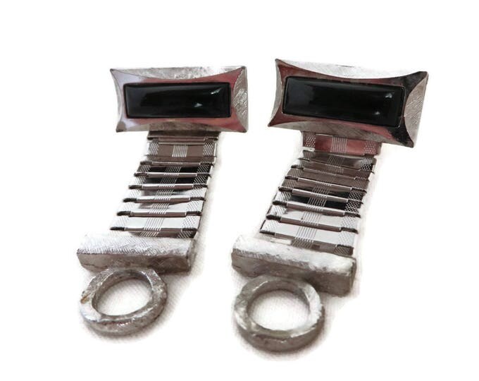 French Onyx Cufflinks, Vintage Wraparound Cuff Links, Mid Century Silver Tone Suit Accessory, Men's Gift
