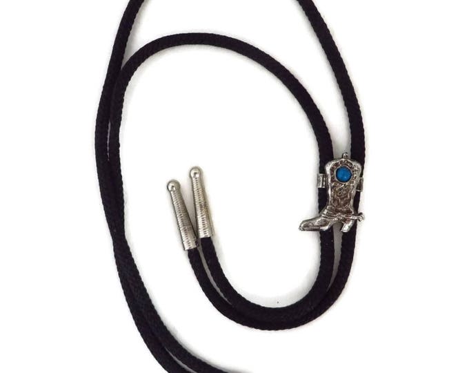 Cowboy Black Bolo Tie, Vintage Silver Tone Cowboy Boot Pendant, Gift for Him, FREE SHIPPING