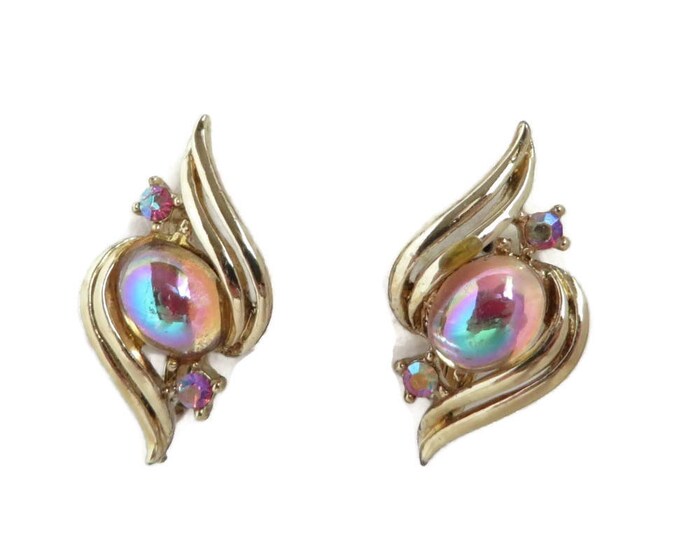 Moonstone Earrings, Rhinestone Clip-ons, Vintage Coro Jewelry, Dainty Earrings, Gift for Her
