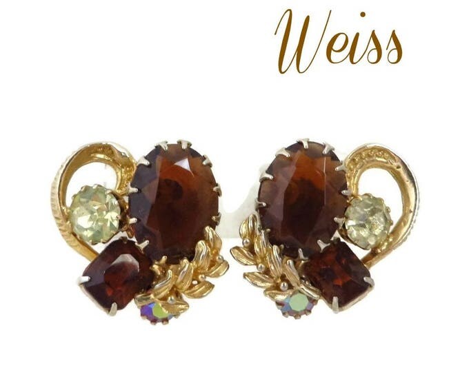 Weiss Amber Rhinestone Earrings - Vintage Amber, Champagne Rhinestone Earrings, Signed Designer Clip-ons, Gift for Her Weiss Amber Rhinestone Earrings - Vintage Amber, Champagne Rhinestone Earrings, Signed Designer Clip-ons, Gift for Her