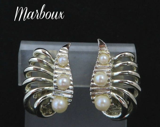 Vintage Marboux Earrings, Marcel Boucher Earrings, Goldtone Faux Pearl Earrings, Signed Designer Clip-on Earrings Vintage Marboux Earrings, Marcel Boucher Earrings, Goldtone Faux Pearl Earrings, Signed Designer Clip-on Earrings